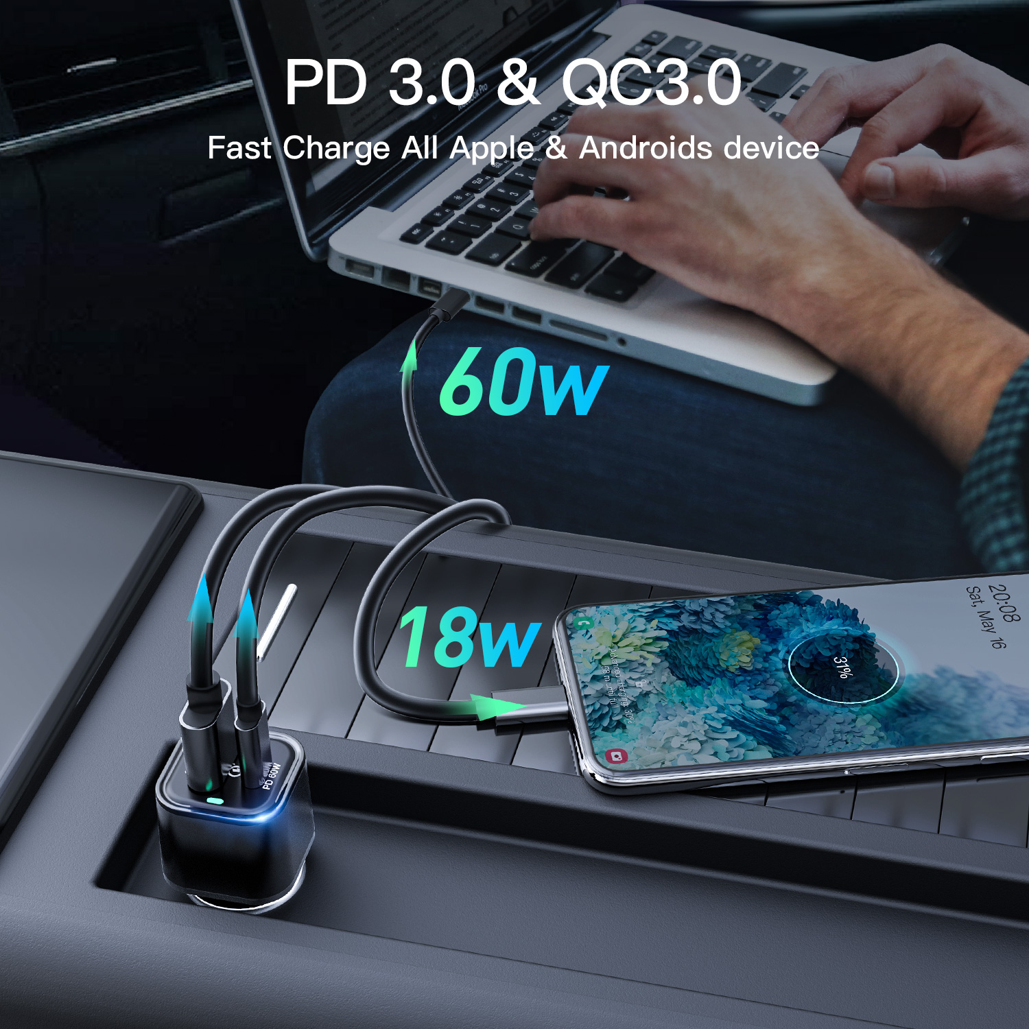 REXING JETSPEED Black 78W PowerDelivery+ USB-C/USB Car Charger with Cables