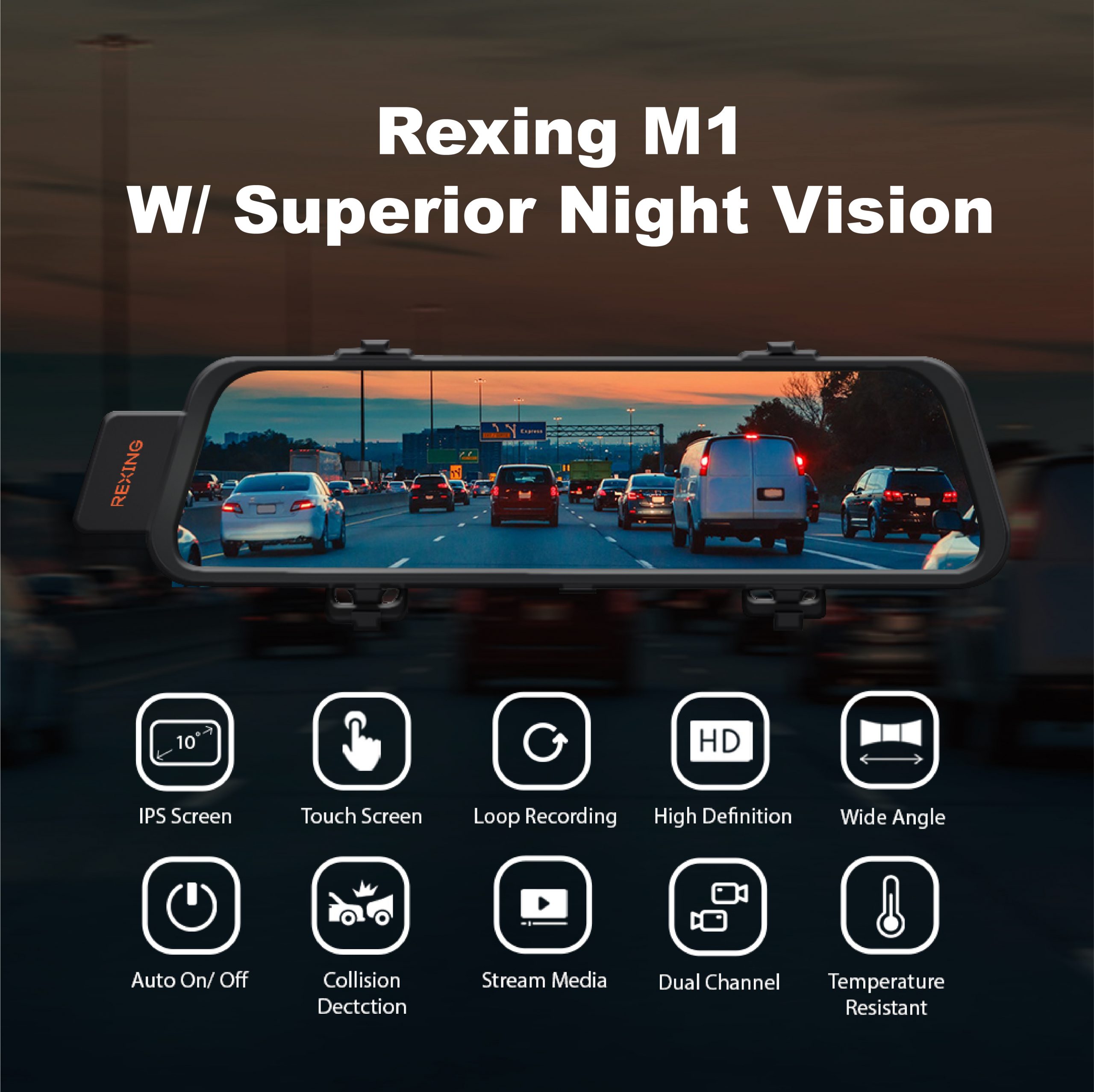 Rexing M1 HD Dual Channel Rear View Mirror Dash Cam 1296p + 720p