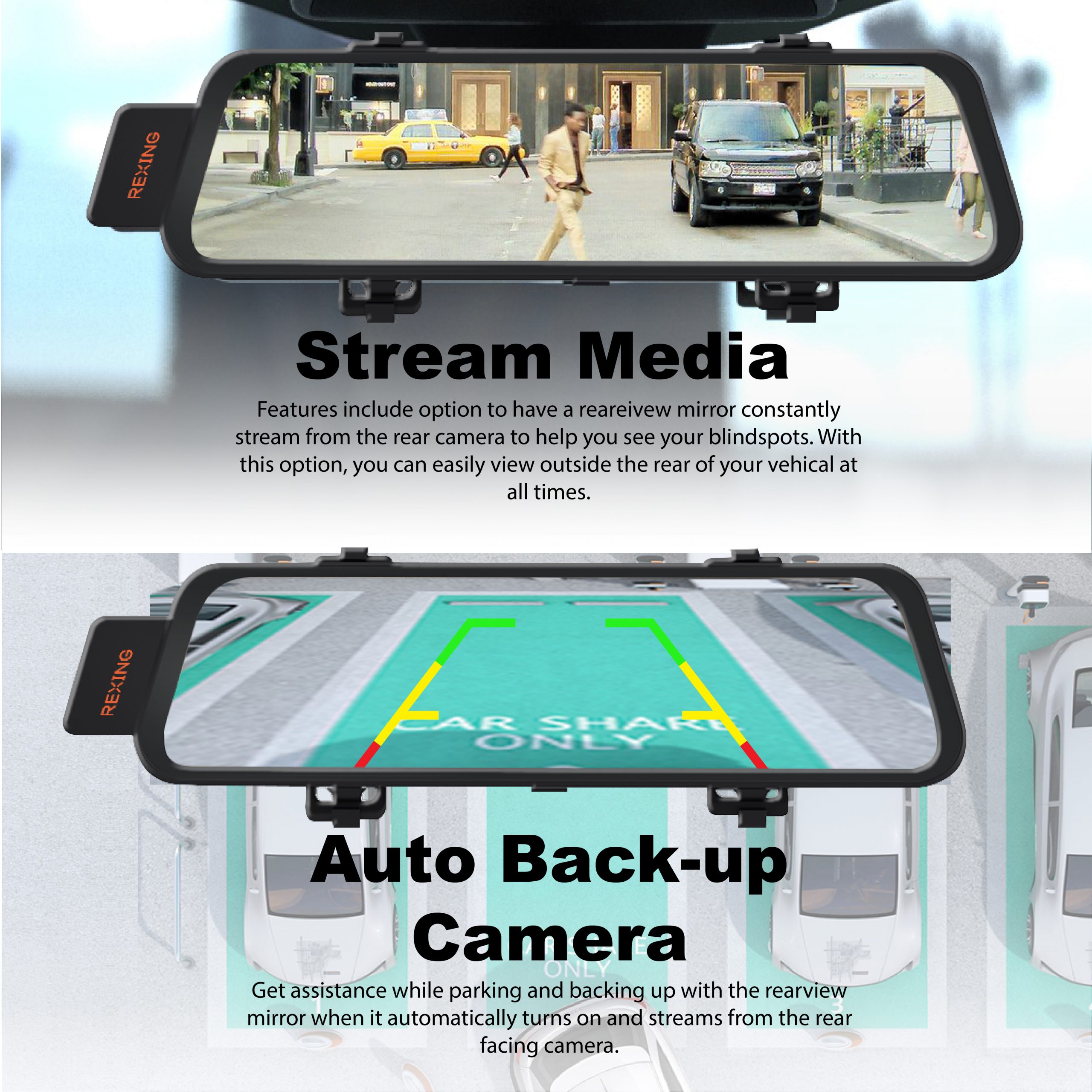 Rexing M1 HD Dual Channel Rear View Mirror Dash Cam 1296p + 720p