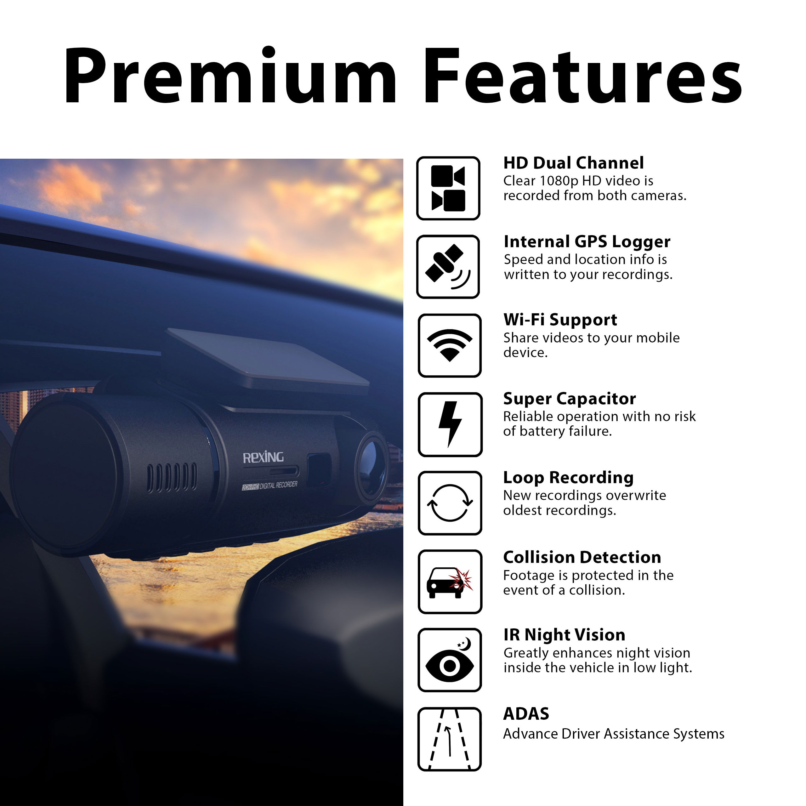 Rexing V3 Dual Camera Front and Inside Cabin Full HD 1080p with WiFi and Built-in GPS (Open Box – Final Sale)