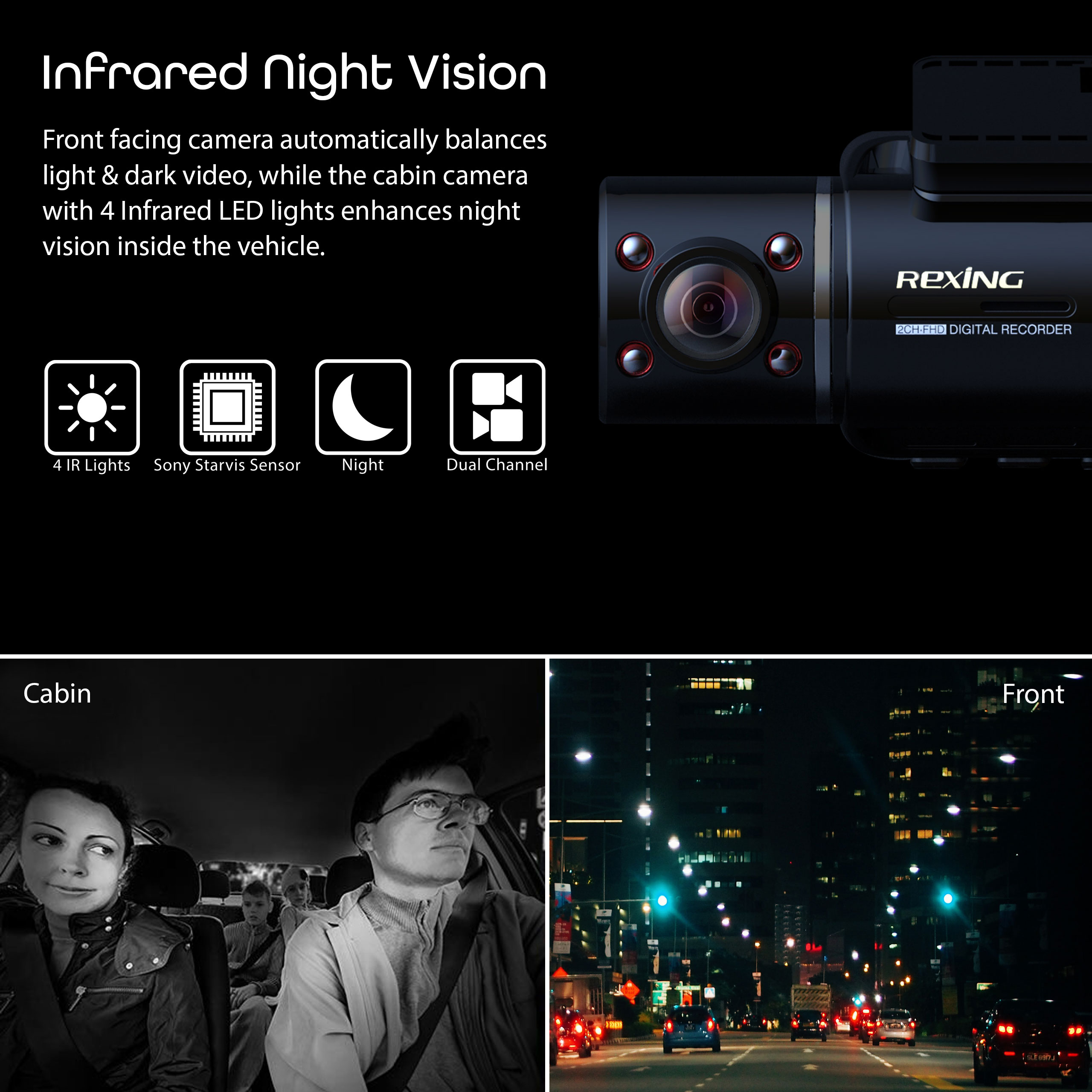 Rexing V3 Dual Camera Front and Inside Cabin Full HD 1080p with WiFi and Built-in GPS (Open Box – Final Sale)