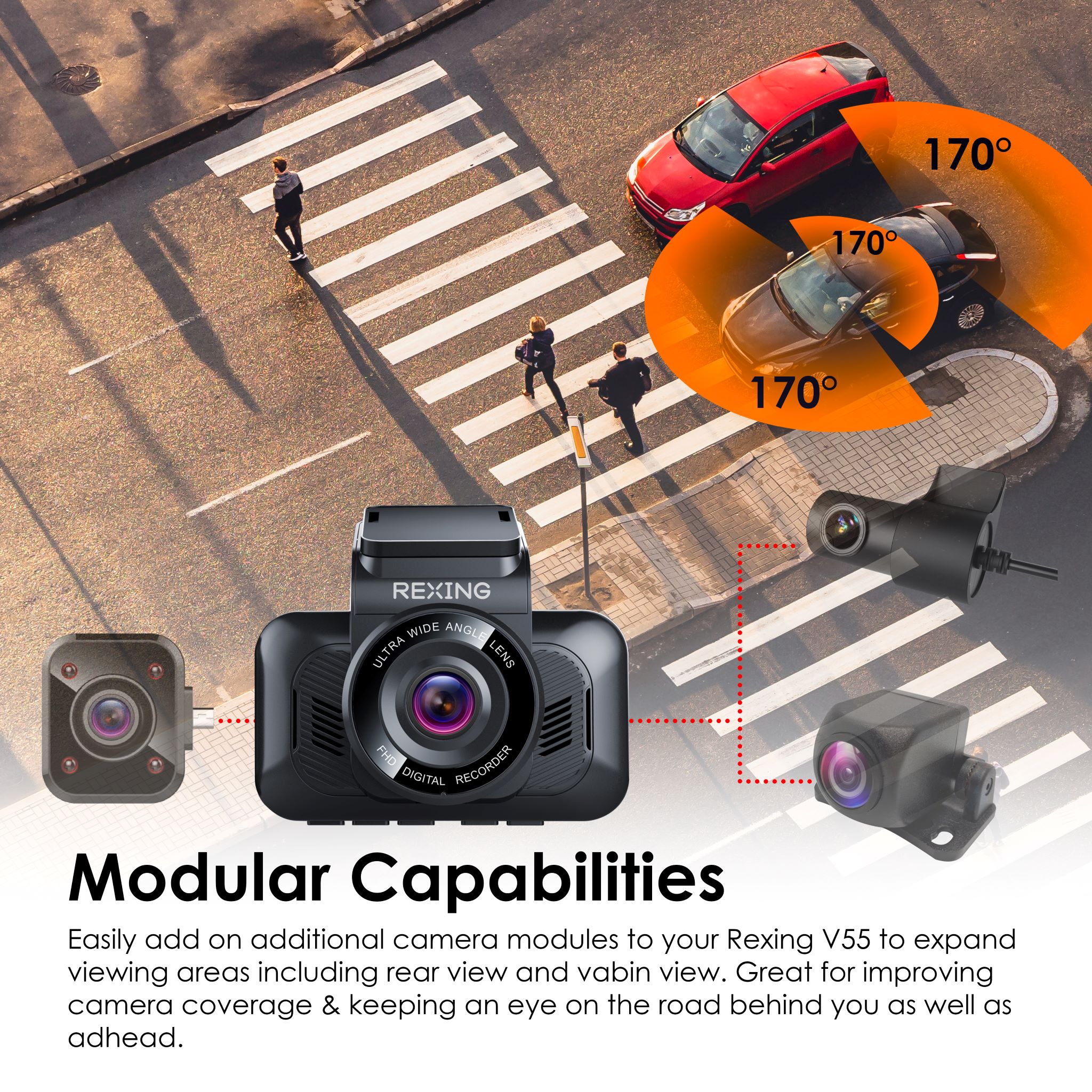 Rexing V55 Dash Cam - 4K Modular Capabilities, 5.0 GHz Wi-Fi, and GPS Car Dash Camera Recorder - V55 + Cabin Camera