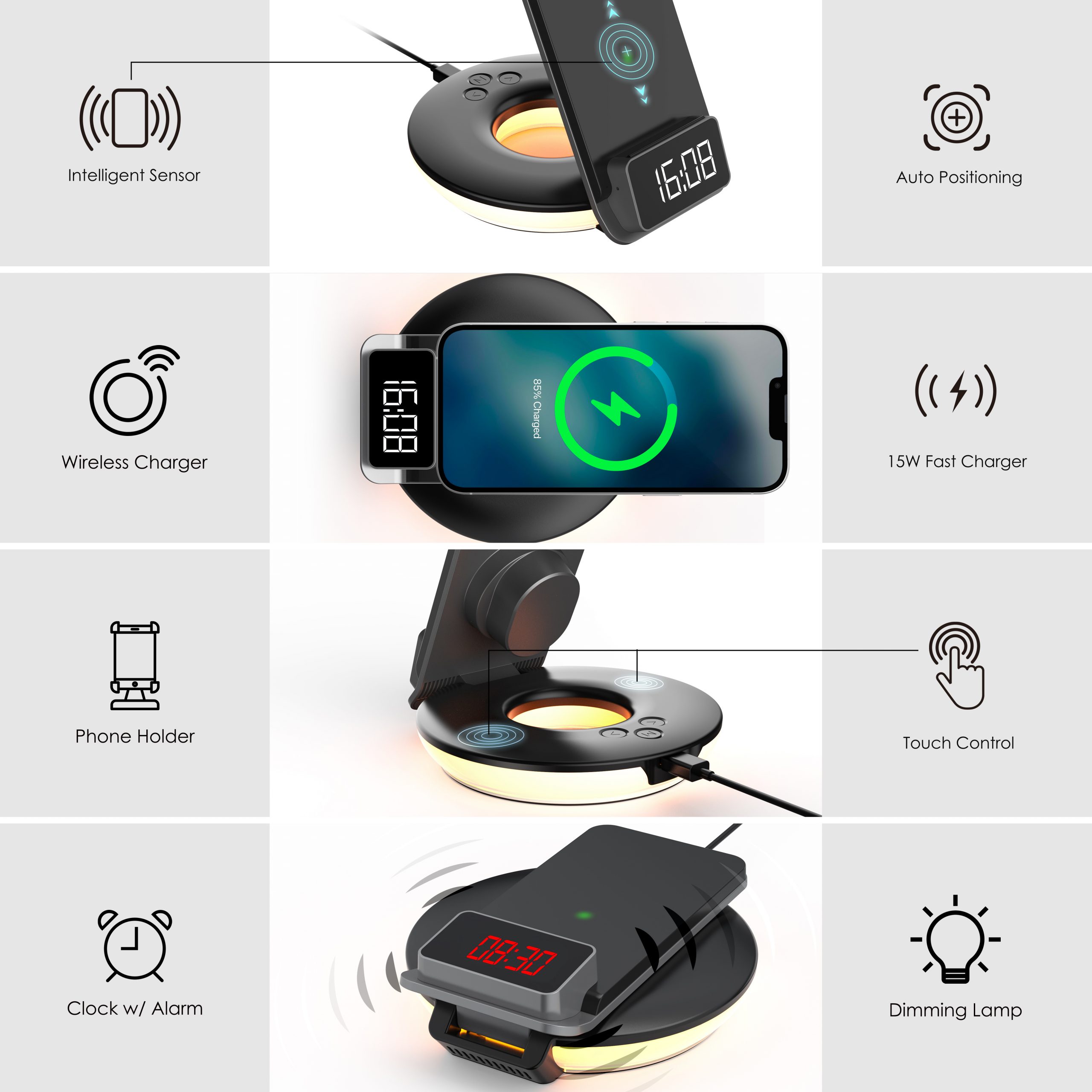 Rexing 3-in-1 Wireless Charging Station | Touch Control | Table Lamps for Home and Office | Desk Lamp with Cable | 15W Qi-certified Charging | Alarm C