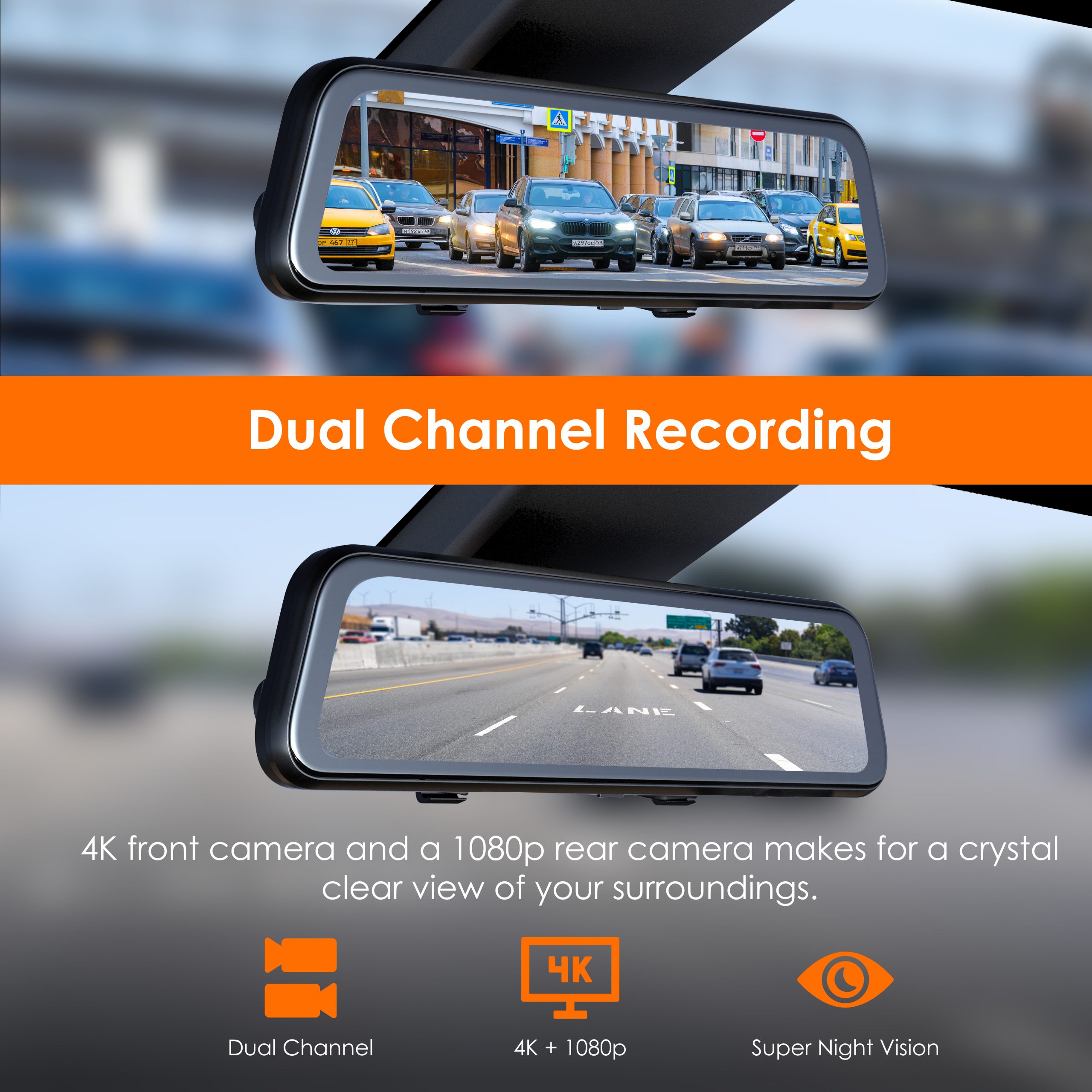 RexingUSA M2 MAX 2-Channel Mirror Dash Cam 4K + 1080p with Wi-Fi & GPS