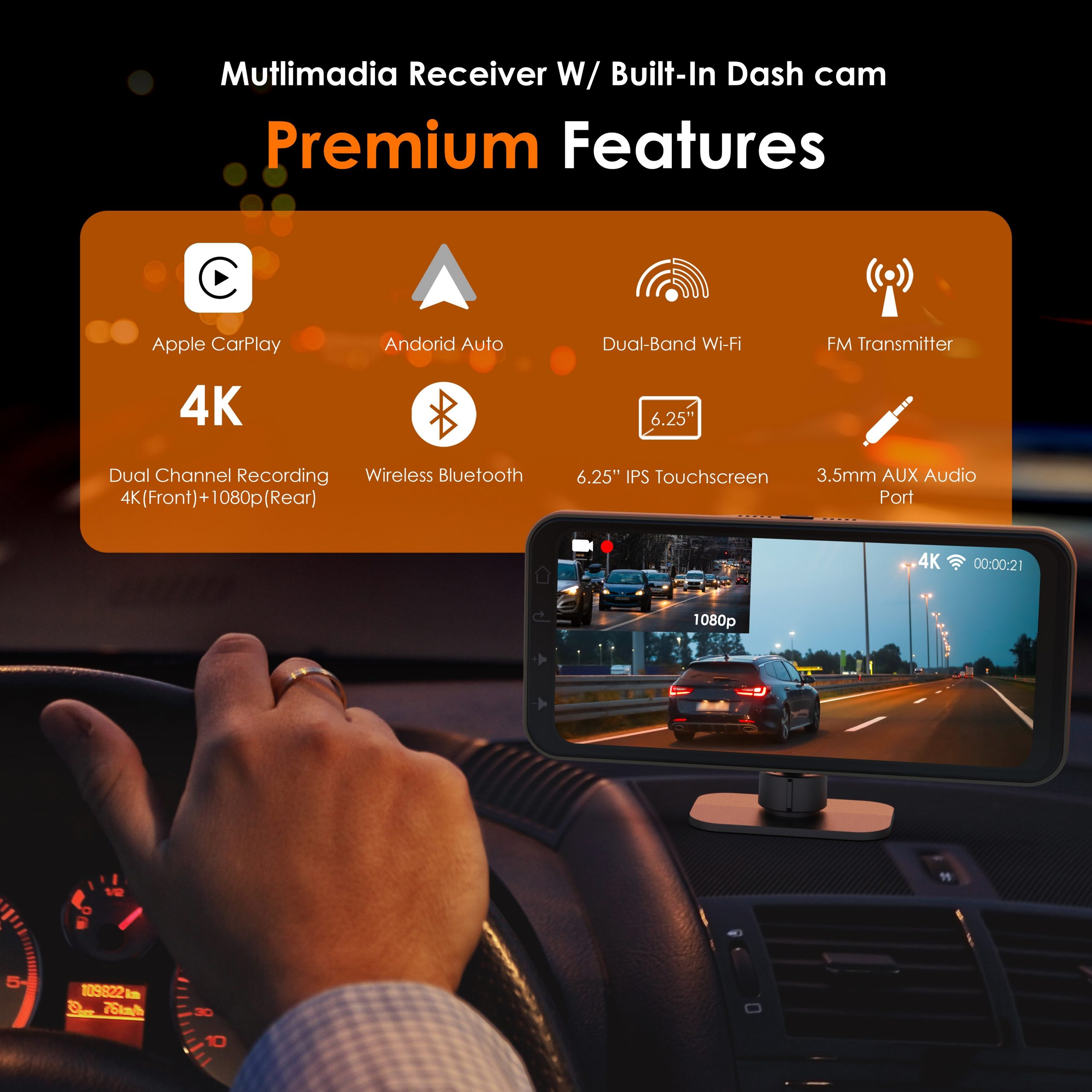 REXING Wireless Multimedia Receiver RoadMate CPDuo - CarPlay + Android Auto + Dash Cam Feature