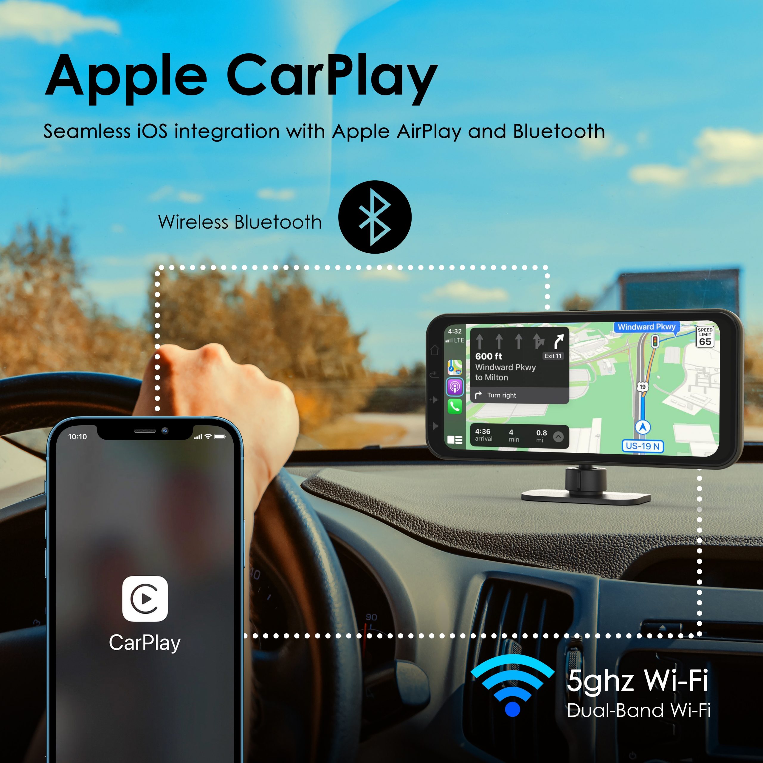 REXING Wireless Multimedia Receiver RoadMate CPDuo - CarPlay + Android Auto + Dash Cam Feature