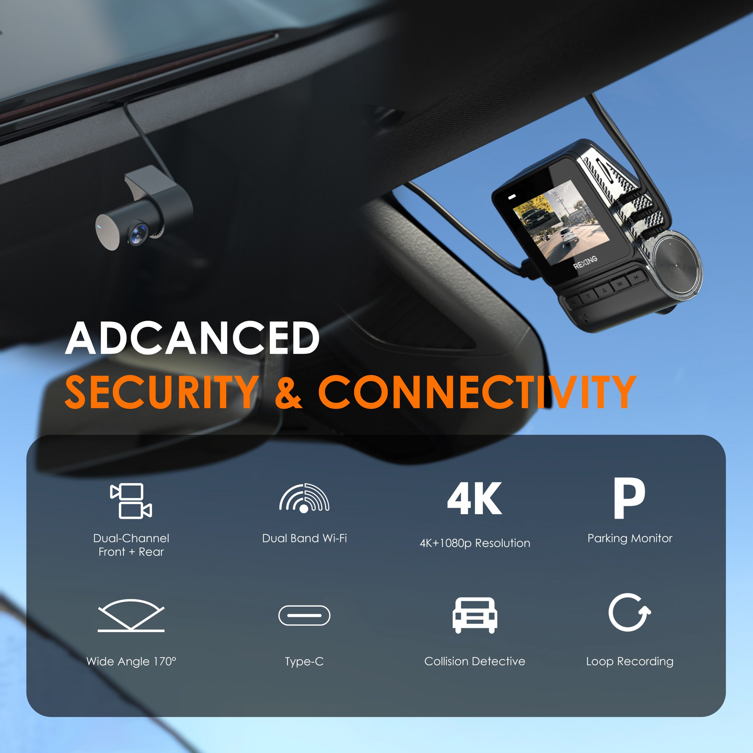 REXING RH2 Dual Dash Cam - 4K Front and 1080p Rear Dash Camera with Wi-Fi, and Optional GPS - RH2-2+64G
