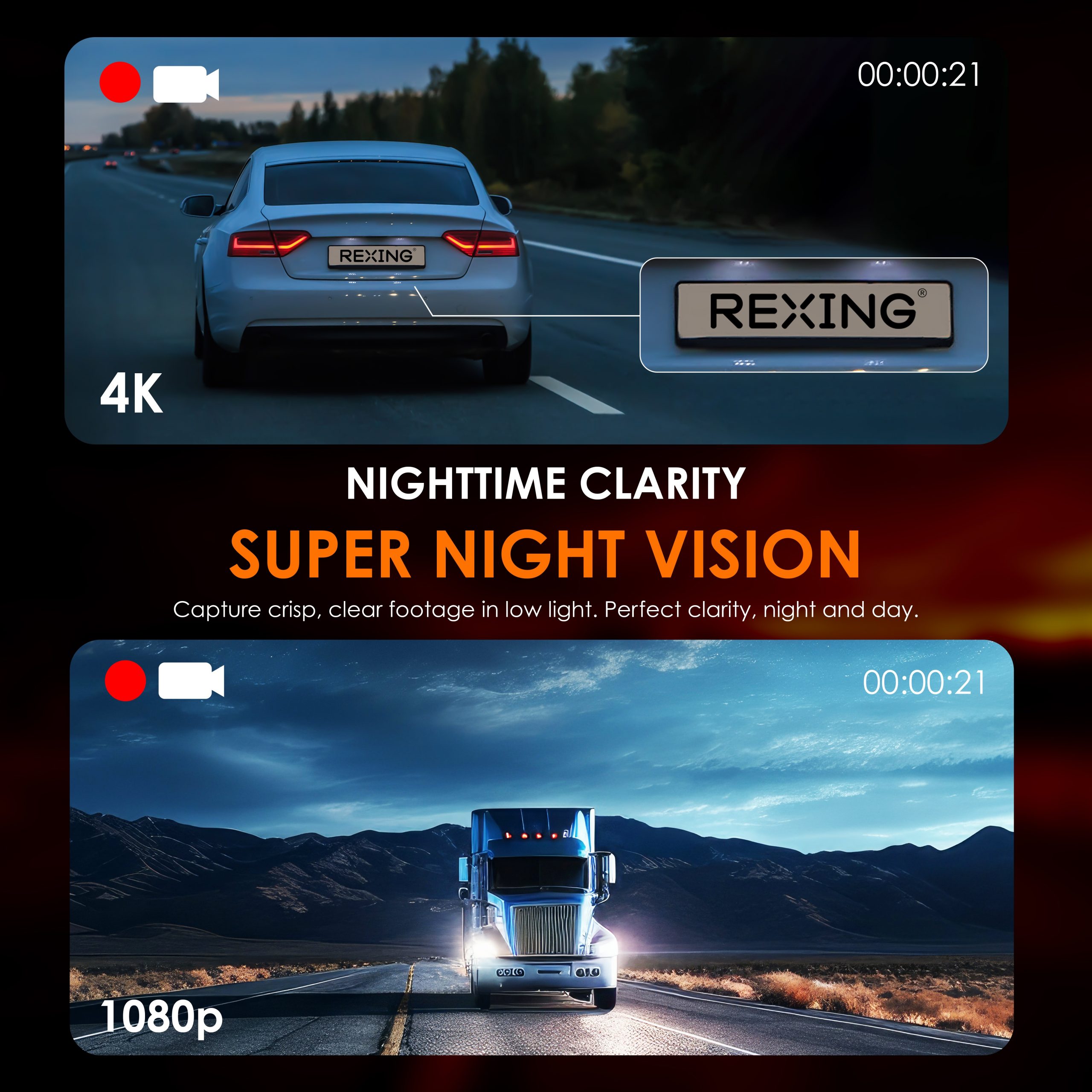 REXING RH2 Dual Dash Cam - 4K Front and 1080p Rear Dash Camera with Wi-Fi, and Optional GPS - RH2-2+64G