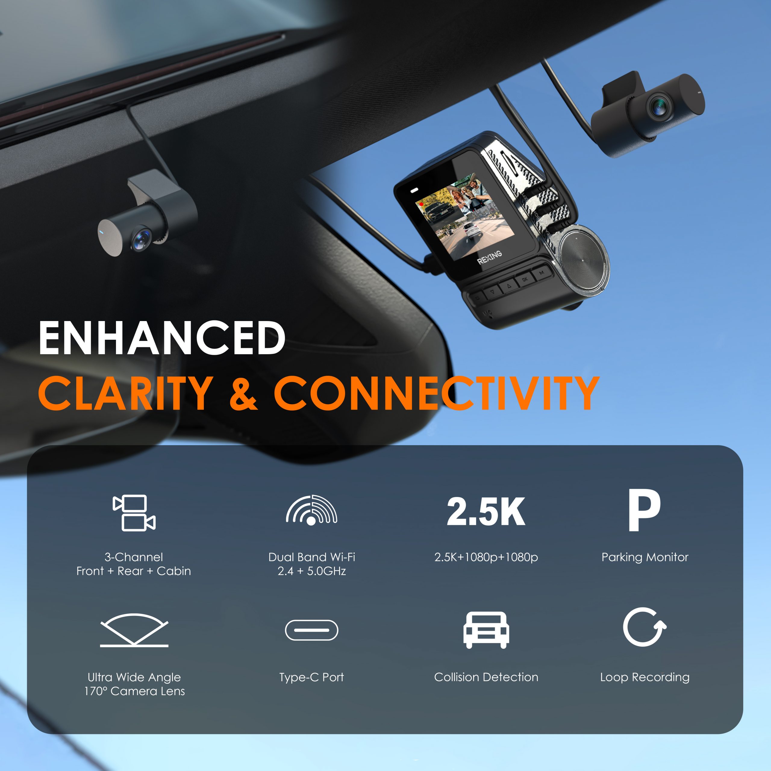 REXING RH2 Triple Channel Dash Cam - 2.5K Front and Dual 1080p Rear Cameras with Wi-Fi, and Optional GPS - RH2-3+64G