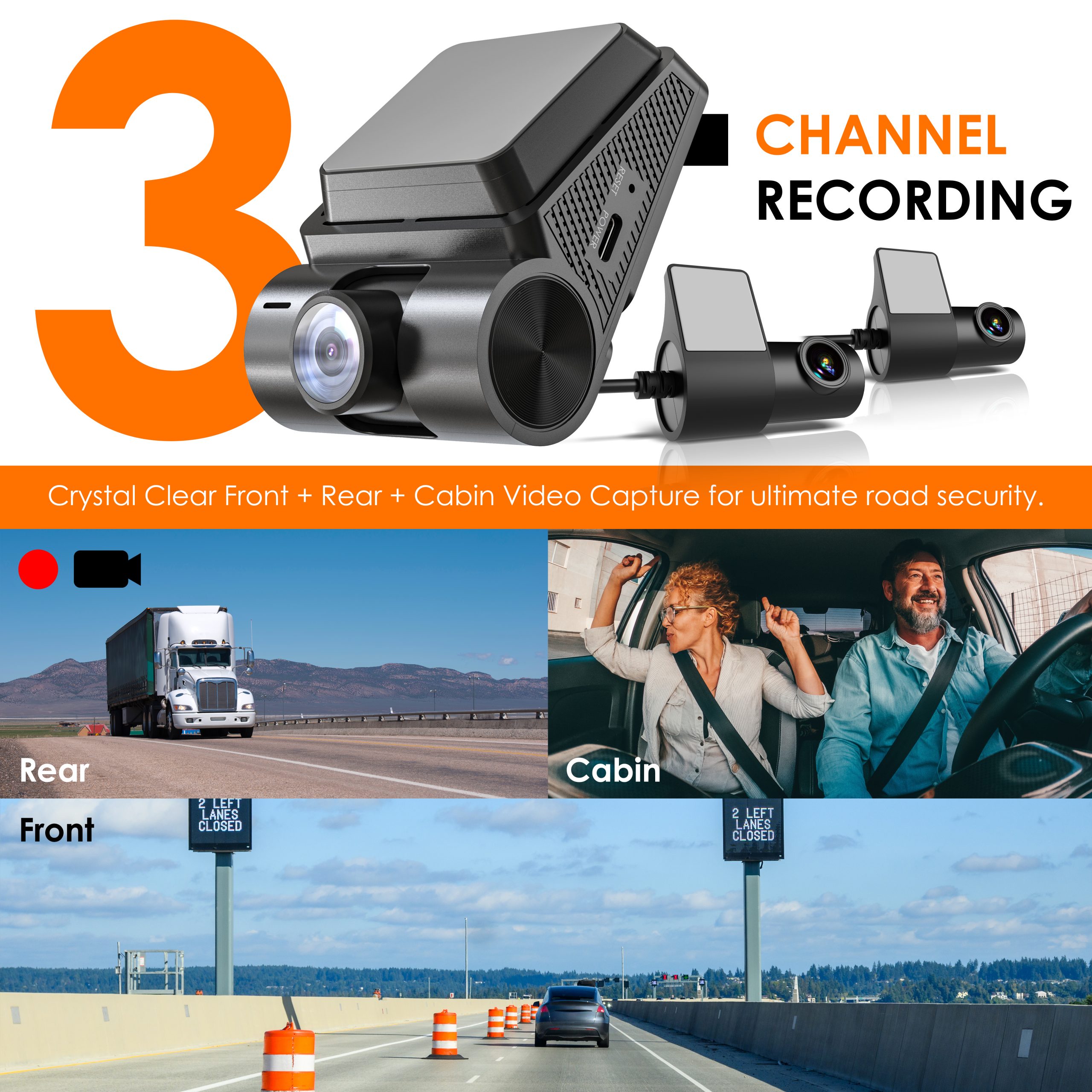 REXING RH2 Triple Channel Dash Cam - 2.5K Front and Dual 1080p Rear Cameras with Wi-Fi, and Optional GPS - RH2-3+64G