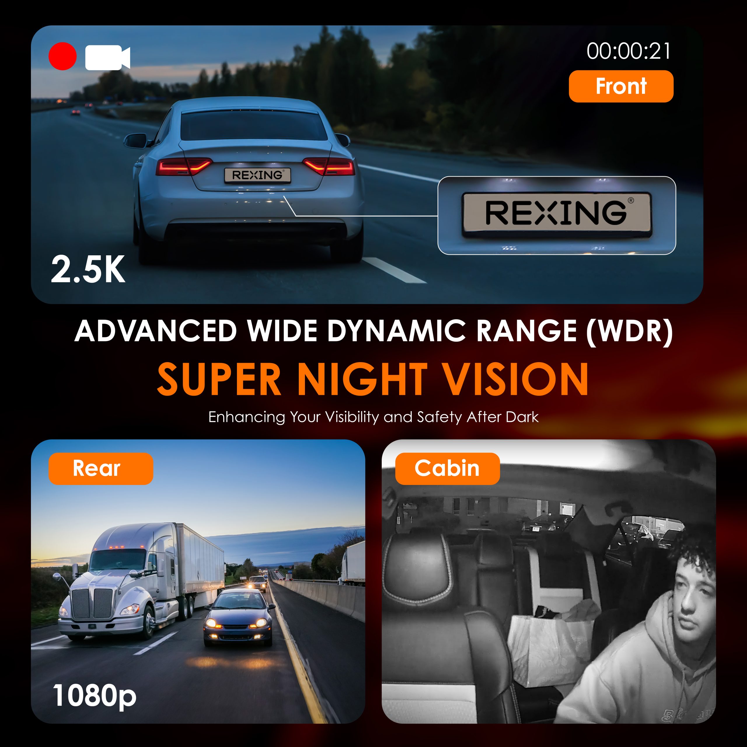 REXING RH2 Triple Channel Dash Cam - 2.5K Front and Dual 1080p Rear Cameras with Wi-Fi, and Optional GPS - RH2-3+64G