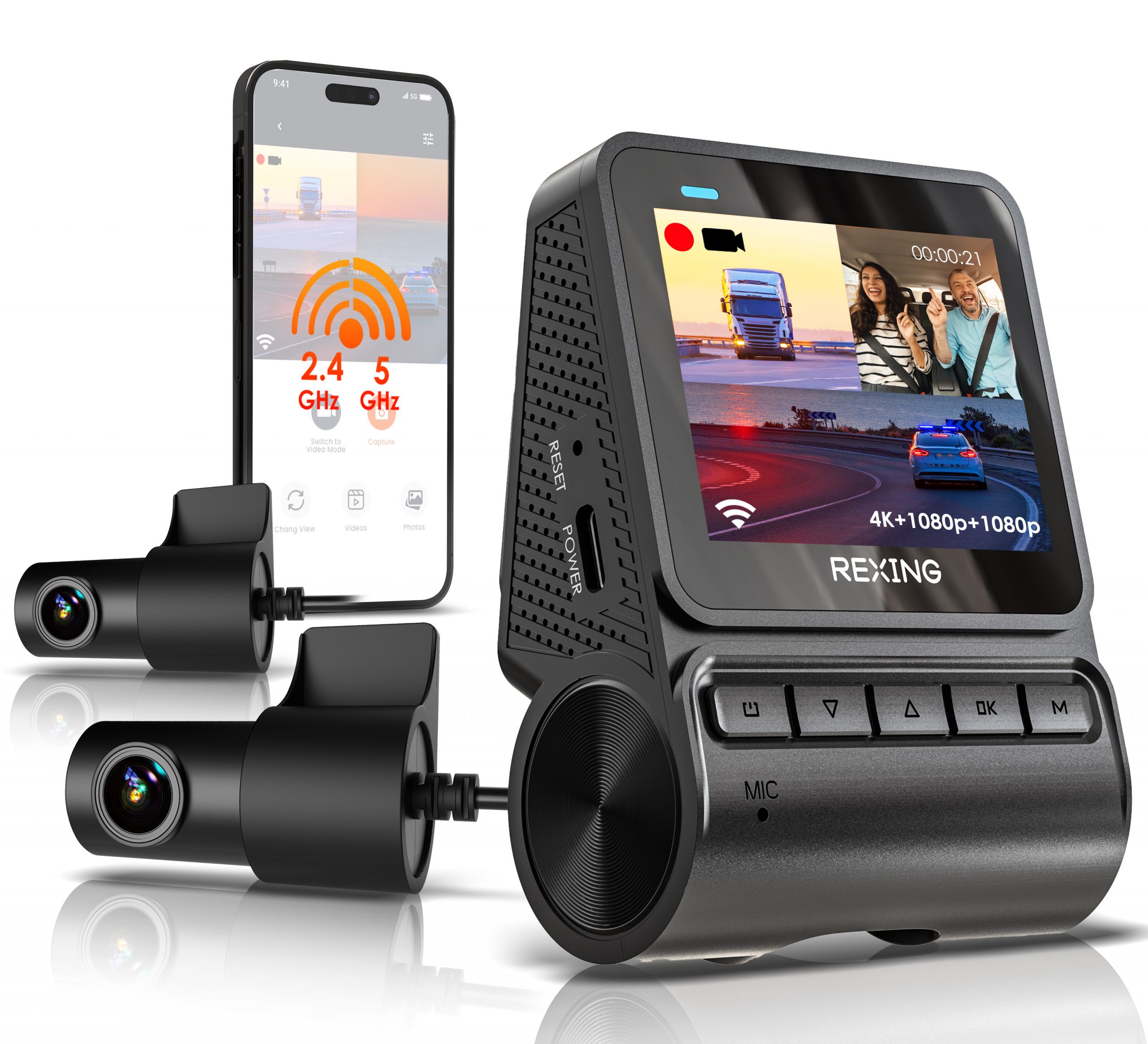 REXING RH2 Triple Channel Dash Cam - 2.5K Front and Dual 1080p Rear Cameras with Wi-Fi, and Optional GPS - RH2-3+64G+GPS Smart Hardwire Kit