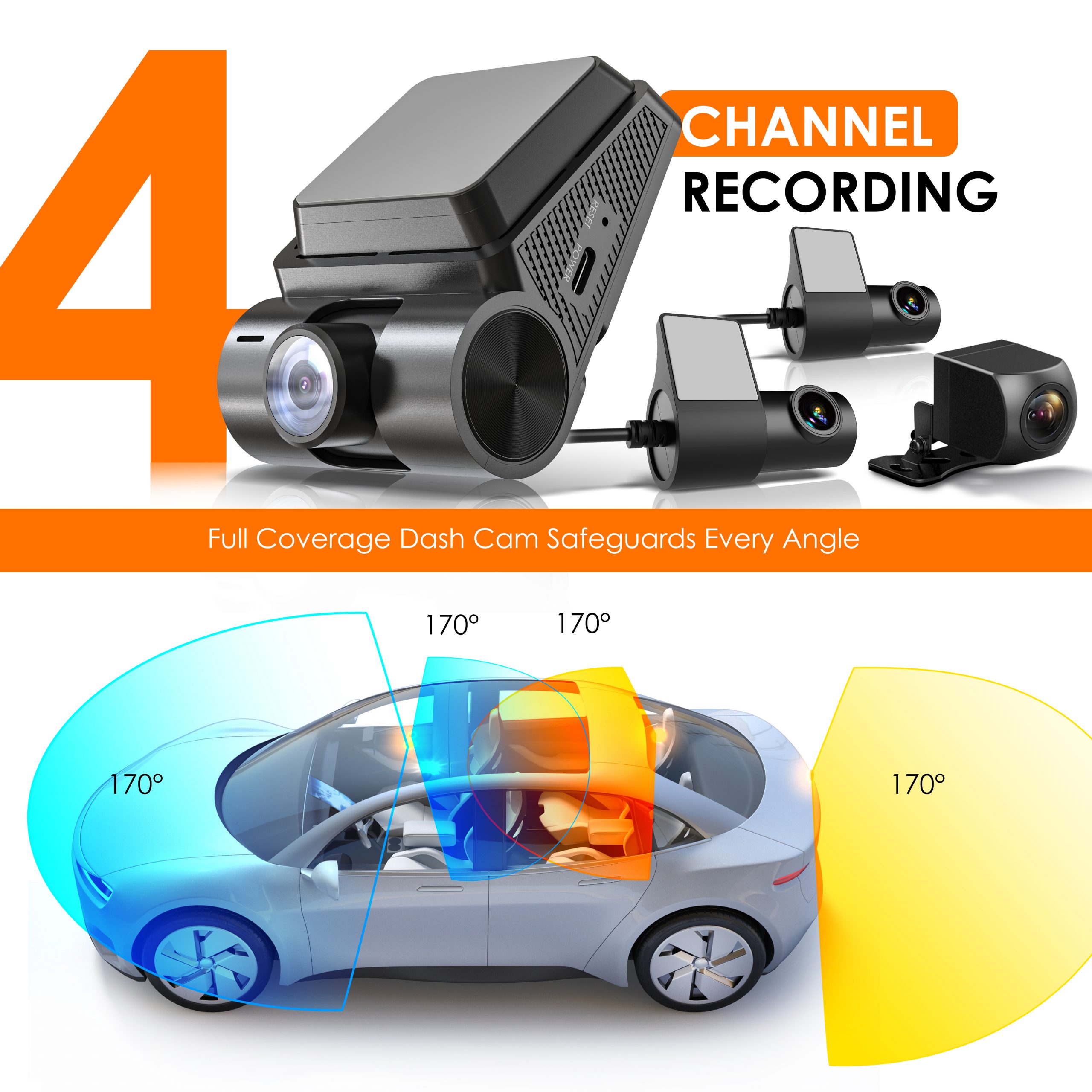 REXING RH2-4 Quad-Channel Dash Cam - 1080p Front, Rear, Cabin, and Exterior Coverage with Wi-Fi, and Optional GPS - RH2-4+64G