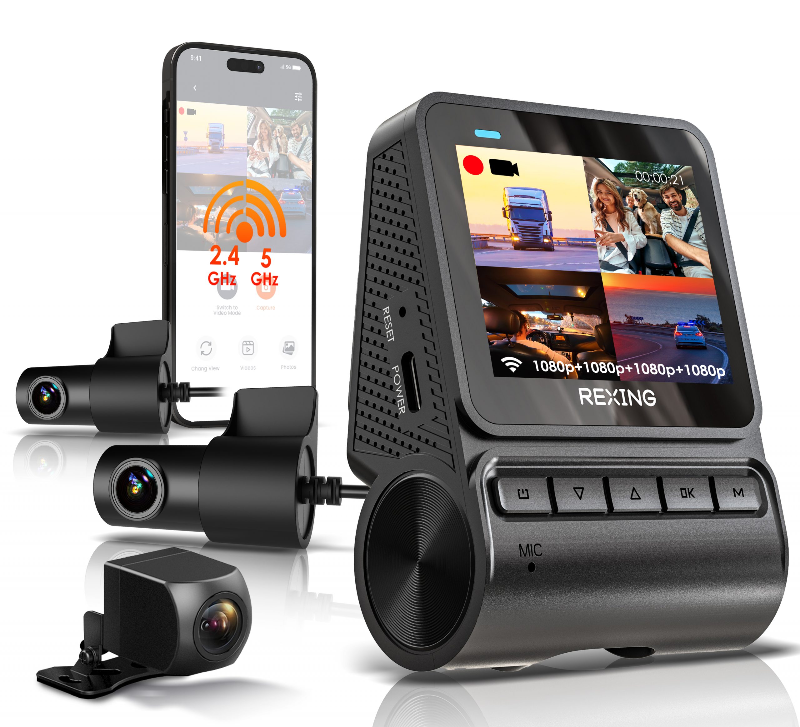 REXING RH2-4 Quad-Channel Dash Cam - 1080p Front, Rear, Cabin, and Exterior Coverage with Wi-Fi, and Optional GPS - RH2-4+64G+GPS Smart Hardwire Kit